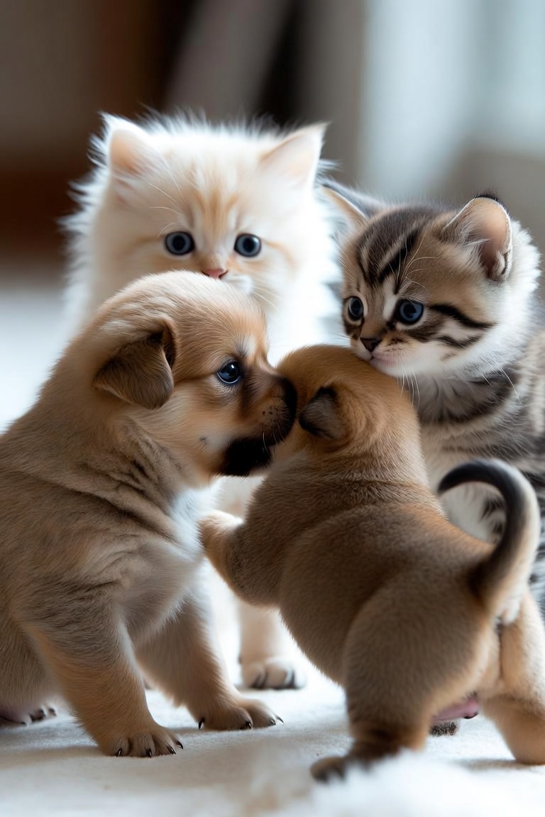 Cute puppies and kittens playing together